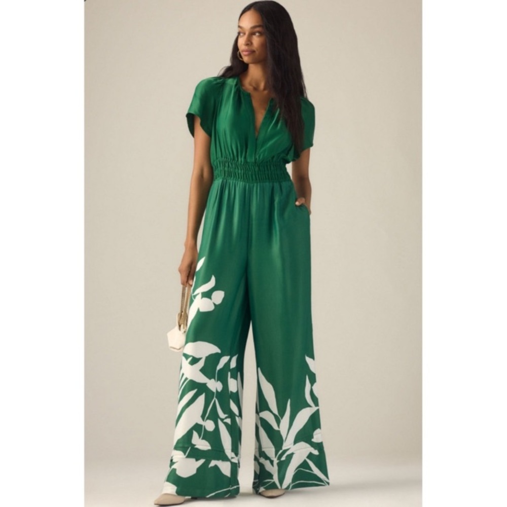 Anthropologie Green Jumpsuit with White Leaf Design